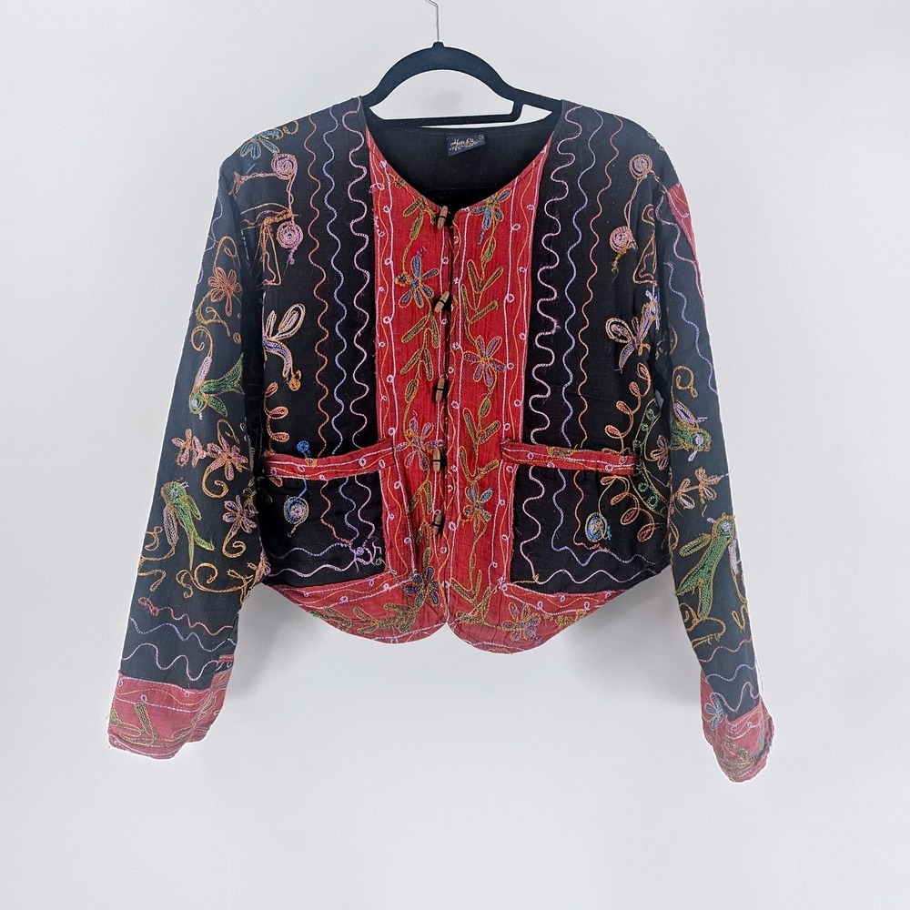 Embroidered Boho Jacket S/M Black Red Toggle Cotton India Artsy Art to Wear Folk